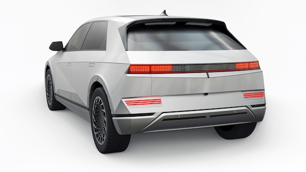 SUV hatchback elektrik ultra progresif untuk orang yang menyukai teknologi. Mobil putih dengan latar belakang putih terisolasi, ilustrasi 3D