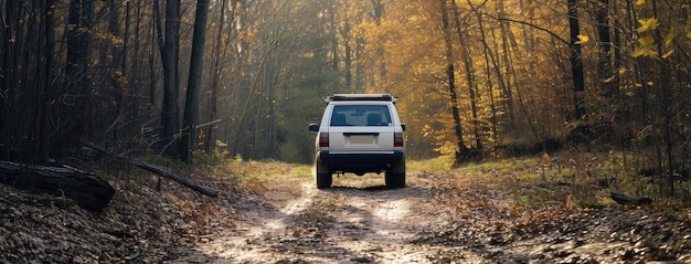 SUV in auto su un sentiero forestale in autunno