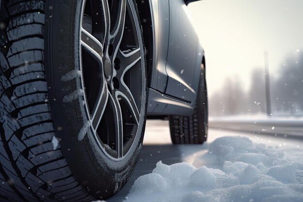 Suv moderno, auto a quattro ruote motrici, soggiorno sul ciglio della strada invernale, viaggio in famiglia al concetto di stazione sciistica, vacanze invernali o primaverili, avventura in auto su strada innevata invernale in montagna in una giornata di sole