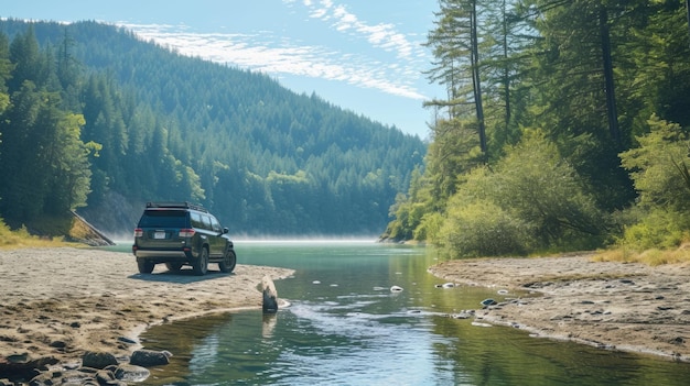 SUV sul lago in una mattina nebbiosa