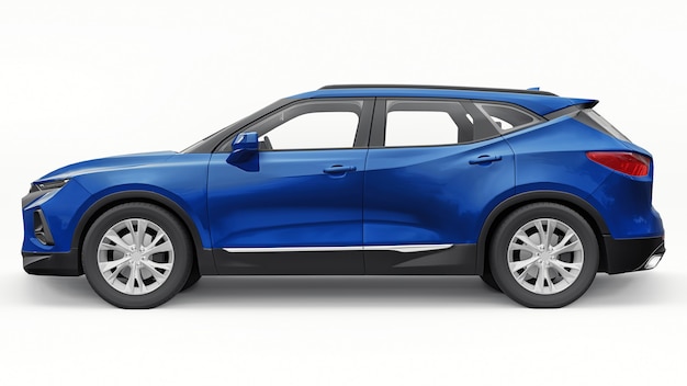 SUV ultramoderno blu con un design accattivante ed espressivo per giovani e famiglie su sfondo bianco isolato. illustrazione 3D.