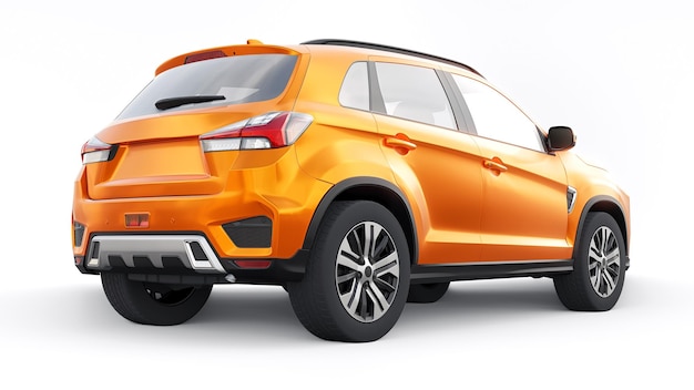 SUV urbano compatto arancione su sfondo bianco uniforme con un corpo vuoto per il rendering 3d del tuo design