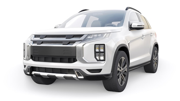 SUV urbano compatto bianco su sfondo bianco uniforme con un corpo vuoto per il rendering 3d del tuo design