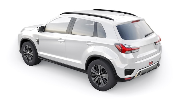 SUV urbano compatto bianco su sfondo bianco uniforme con un corpo vuoto per il rendering 3d del tuo design