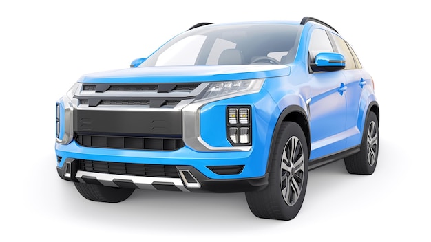 SUV urbano compatto blu su sfondo bianco uniforme con un corpo vuoto per il rendering 3d del tuo design