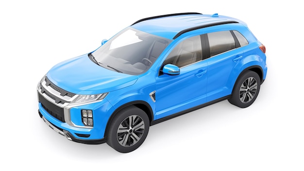 SUV urbano compatto blu su sfondo bianco uniforme con un corpo vuoto per il rendering 3d del tuo design