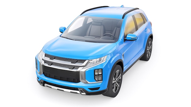 SUV urbano compatto blu su sfondo bianco uniforme con un corpo vuoto per il rendering 3d del tuo design