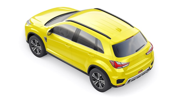 SUV urbano compatto giallo su sfondo bianco uniforme con un corpo vuoto per il rendering 3d del tuo design