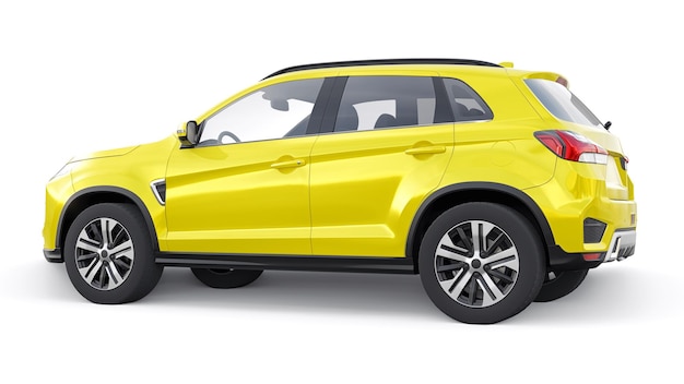 SUV urbano compatto giallo su sfondo bianco uniforme con un corpo vuoto per il rendering 3d del tuo design