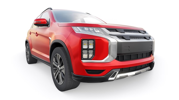 SUV urbano compatto rosso su sfondo bianco uniforme con un corpo vuoto per il rendering 3d del tuo design