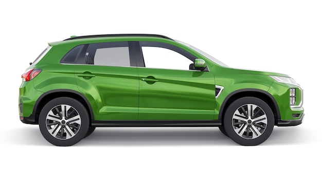 SUV urbano compatto verde su sfondo bianco uniforme con un corpo vuoto per il rendering 3d del tuo design