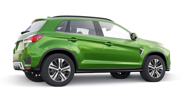 SUV urbano compatto verde su sfondo bianco uniforme con un corpo vuoto per il rendering 3d del tuo design