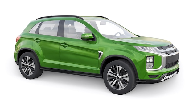 SUV urbano compatto verde su sfondo bianco uniforme con un corpo vuoto per il rendering 3d del tuo design