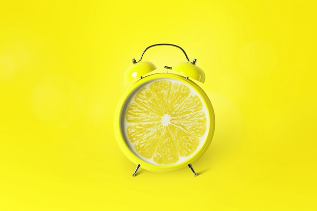 Sveglia creativa agrumi limone su sfondo giallo. Tempo per la vitamina C, concetto