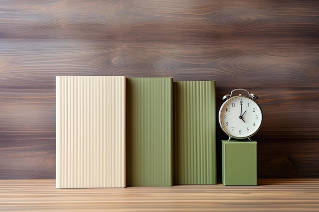 Sveglia in mani femminili e un libro verde su uno sfondo di legno