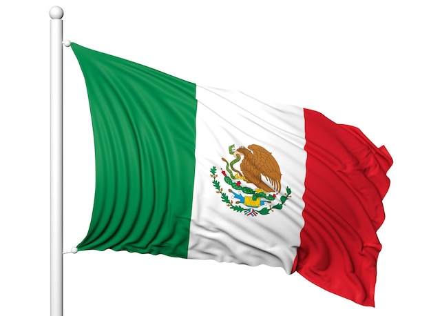 Sventola bandiera del Messico sul pennone isolato su sfondo bianco