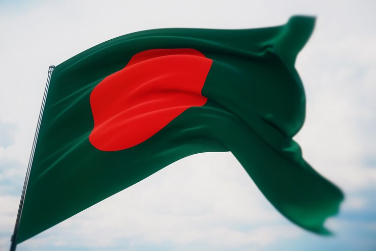 Sventolando bandiere del mondo - bandiera del Bangladesh. Girato con una profondità di campo ridotta, messa a fuoco selettiva. illustrazione 3D.