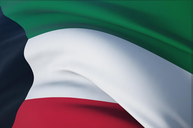 Sventolando bandiere del mondo - bandiera del Kuwait. Primo piano, illustrazione 3D.
