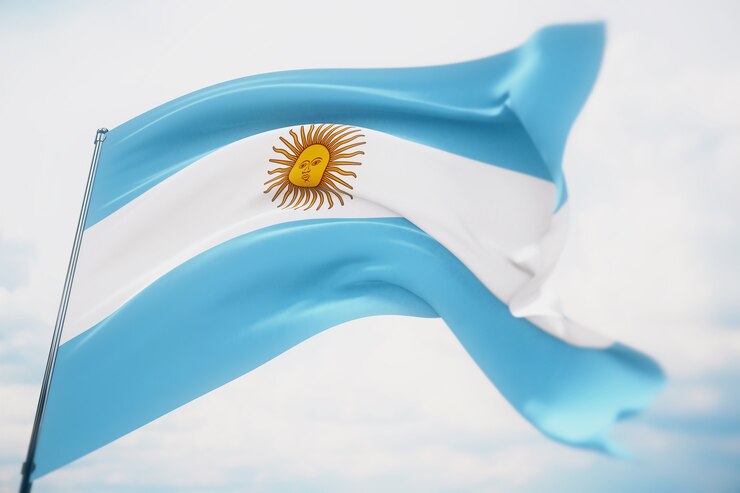 Sventolando bandiere del mondo - bandiera dell'Argentina. Girato con una profondità di campo ridotta, messa a fuoco selettiva. illustrazione 3D.