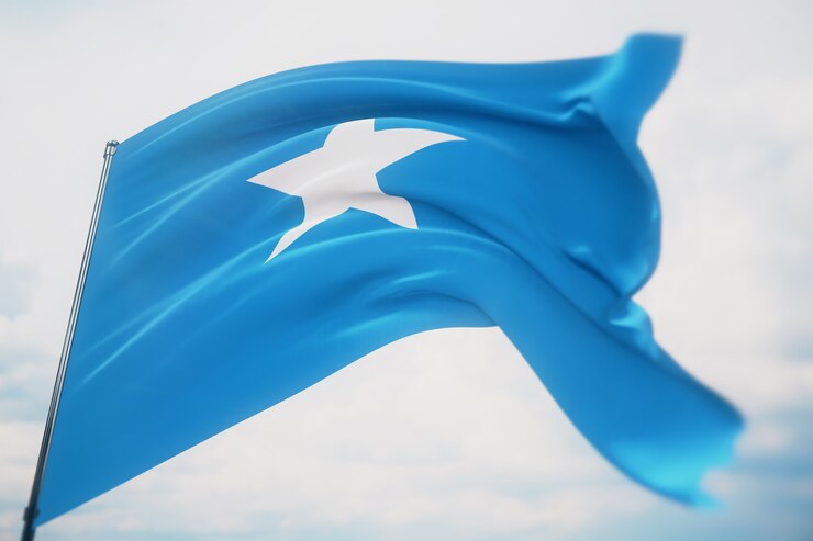 Sventolando bandiere del mondo - bandiera della Somalia. Girato con una profondità di campo ridotta, messa a fuoco selettiva. illustrazione 3D.