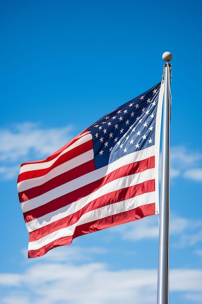 sventolando chiaramente la bandiera americana patriottica contro il cielo blu