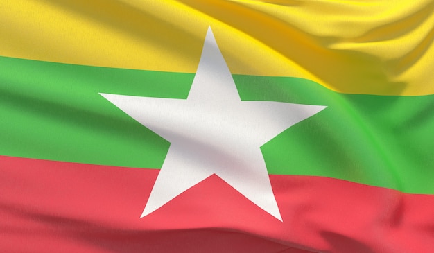 Sventolando la bandiera nazionale del Myanmar. Rendering 3D di primo piano altamente dettagliato ondulato.
