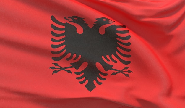 Sventolando la bandiera nazionale dell'Albania. Rendering 3D di primo piano altamente dettagliato ondulato.