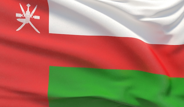 Sventolando la bandiera nazionale dell'Oman. Rendering 3D di primo piano altamente dettagliato ondulato.