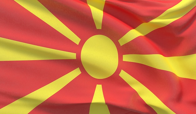 Sventolando la bandiera nazionale della Macedonia del Nord. Rendering 3D di primo piano altamente dettagliato ondulato.