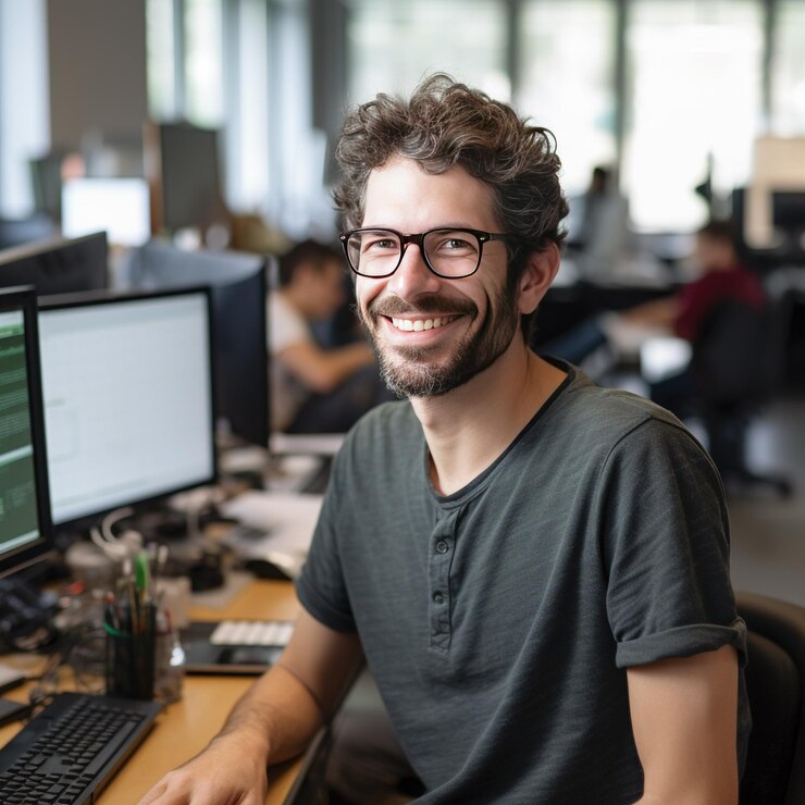 Sviluppatore di software che lavora in una scuola sorridendo