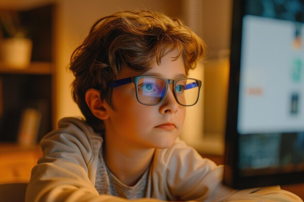 Sviluppatore focalizzato, codificatore, ragazzo che indossa gli occhiali e lavora al computer.