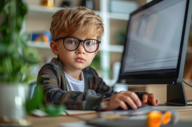 Sviluppatore focalizzato, codificatore, ragazzo che indossa gli occhiali e lavora al computer.