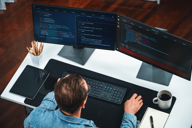 Foto sviluppatore it che analizza il codice informazioni di sviluppo software online vendibile