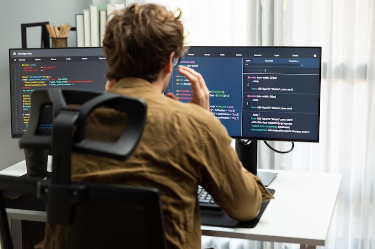 Foto sviluppatore it con stressante sovraccarico di lavoro nella creazione di codice software online gusher