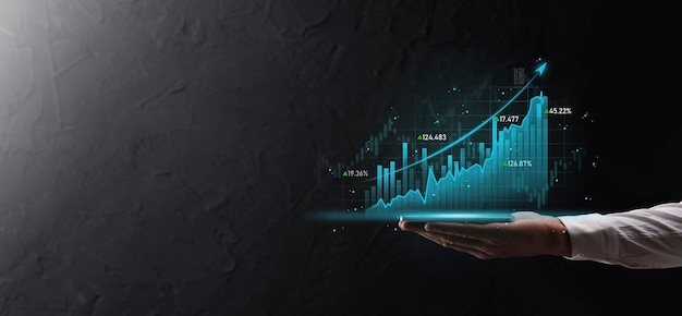 Sviluppo aziendale, piano finanziario e strategia. Grafico finanziario di analisi e investimento grafico di mercato. Scambio di economia digitale. Piano di sviluppo e crescita crescente. Investimento del mercato azionario.