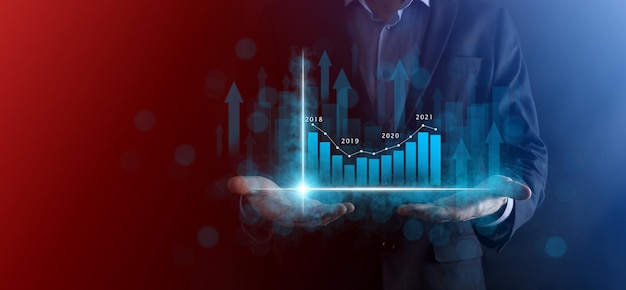 Sviluppo aziendale, piano finanziario e strategia. Grafico finanziario di analisi e investimento grafico di mercato. Scambio di economia digitale. Piano di sviluppo e crescita crescente. Investimento del mercato azionario.