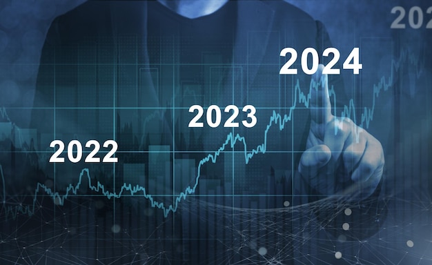 Sviluppo di una crescita economica di successo nel concetto 2023 2024 Grafico dei profitti del piano di analisi delle previsioni dell'uomo d'affari con la penna e aumento degli indicatori positivi Ripresa dell'economia dopo la caduta