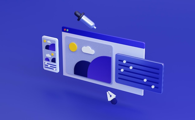 Sviluppo web design. Concetto di lavoro freelance. Processo creativo. Interfaccia utente ux di rendering 3D