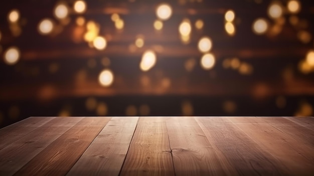 Svuota la parte superiore del tavolo di legno con luci sfocate AI generative