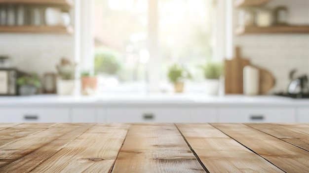 Svuotare il bellissimo tavolo in legno e sfocare il fondo interno della cucina moderna bokeh in un ambiente pulito e luminoso