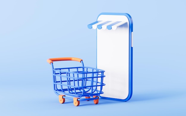 Svuotare il carrello e il telefono cellulare sullo sfondo blu shopping concetto online rendering 3d