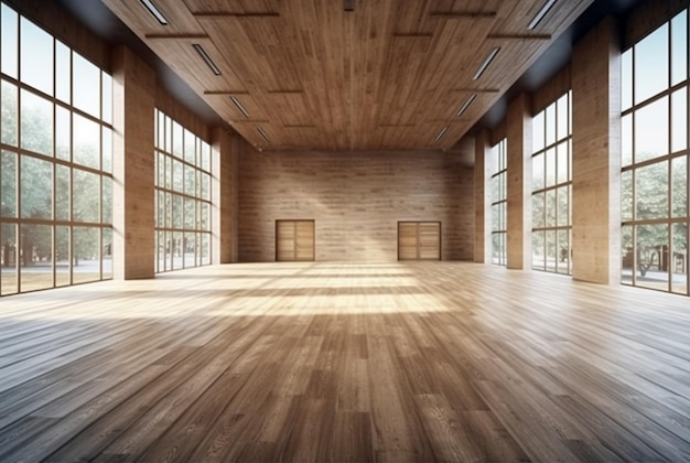 Svuotare il grande interno dell'ufficio con il design in legno ai generativo