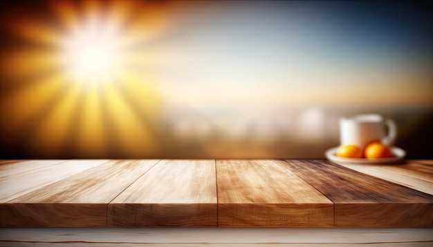 Svuotare il tavolo superiore in legno sfondo sfocato giornata di sole realizzato con intelligenza artificiale generativa