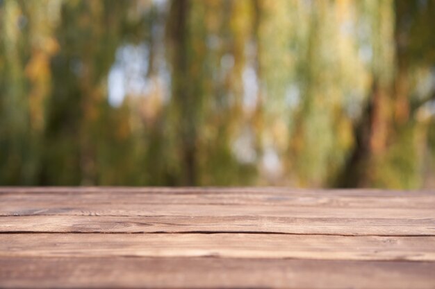 Svuoti il fondo del bokeh della natura della tavola di legno con un tema all'aperto del paese