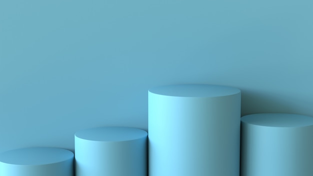 Svuoti il podio blu pastello sul fondo in bianco della parete. Rendering 3D.