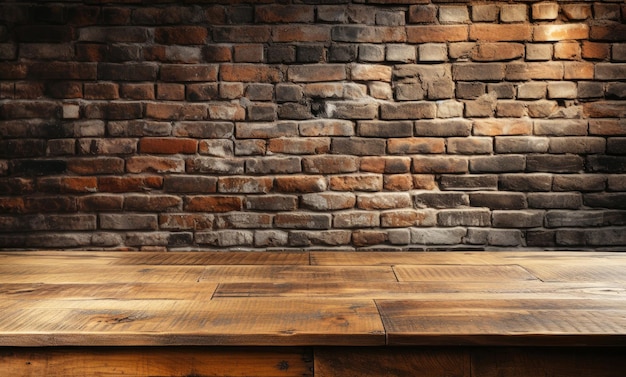 Svuoti il vecchio tavolo di legno con il vecchio muro di mattoni marroni sullo sfondo IA generativa