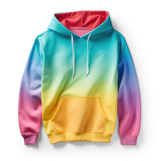 Sweatshirt con cappuccio e maniche lunghe su sfondo bianco di colore arcobaleno