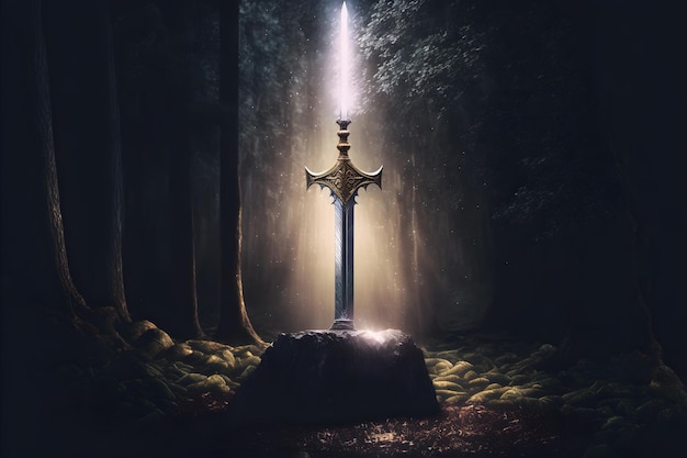 Sword King Arthur Excalibur in una pietra nella foresta un raggio di luce riflesso sulla fantasia della spada