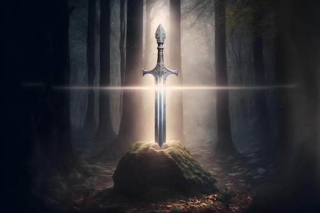 Sword King Arthur Excalibur in una pietra nella foresta un raggio di luce riflesso sulla fantasia della spada