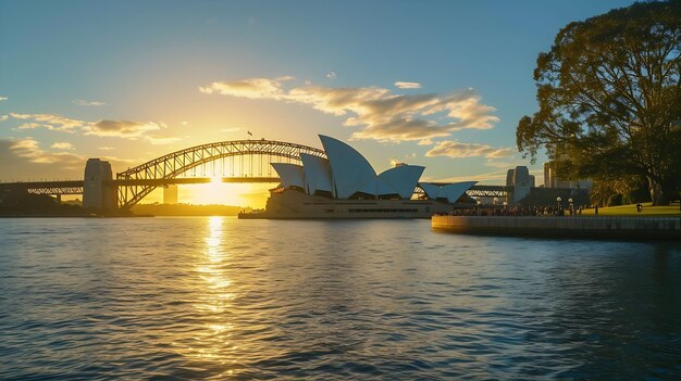 Sydney Opera House con Harbour Bridge al tramonto visto dal Royal Botanic Gardens un'AI generativa